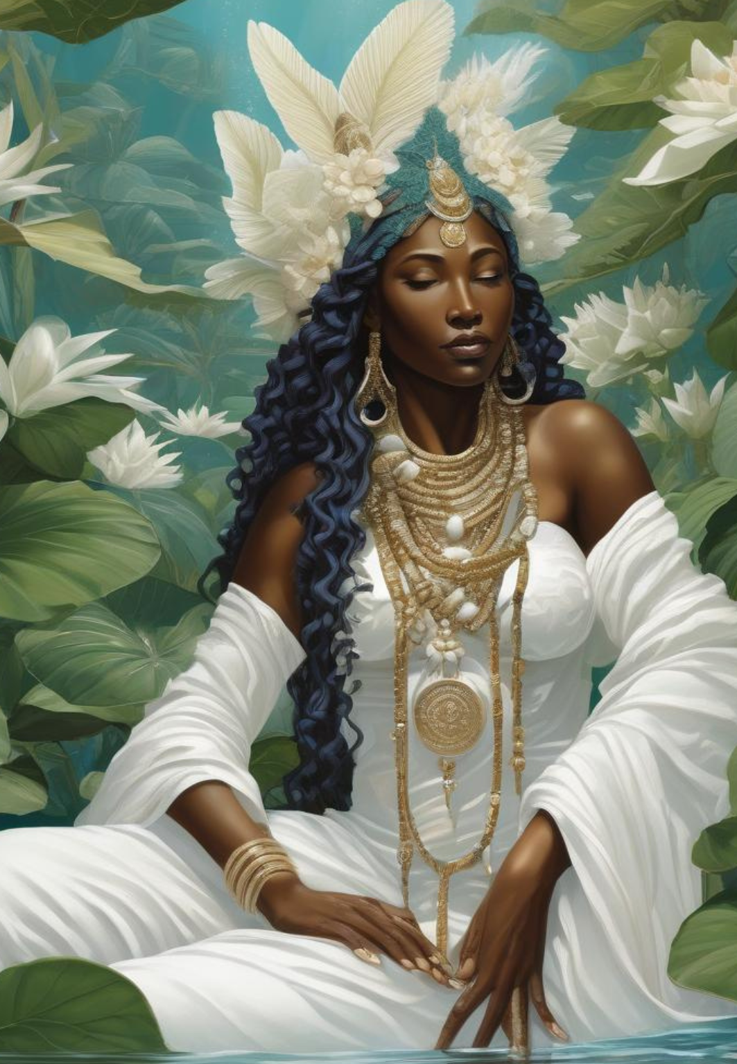 Mami Wata oracle artwork — woman in white robes surrounded by lilies