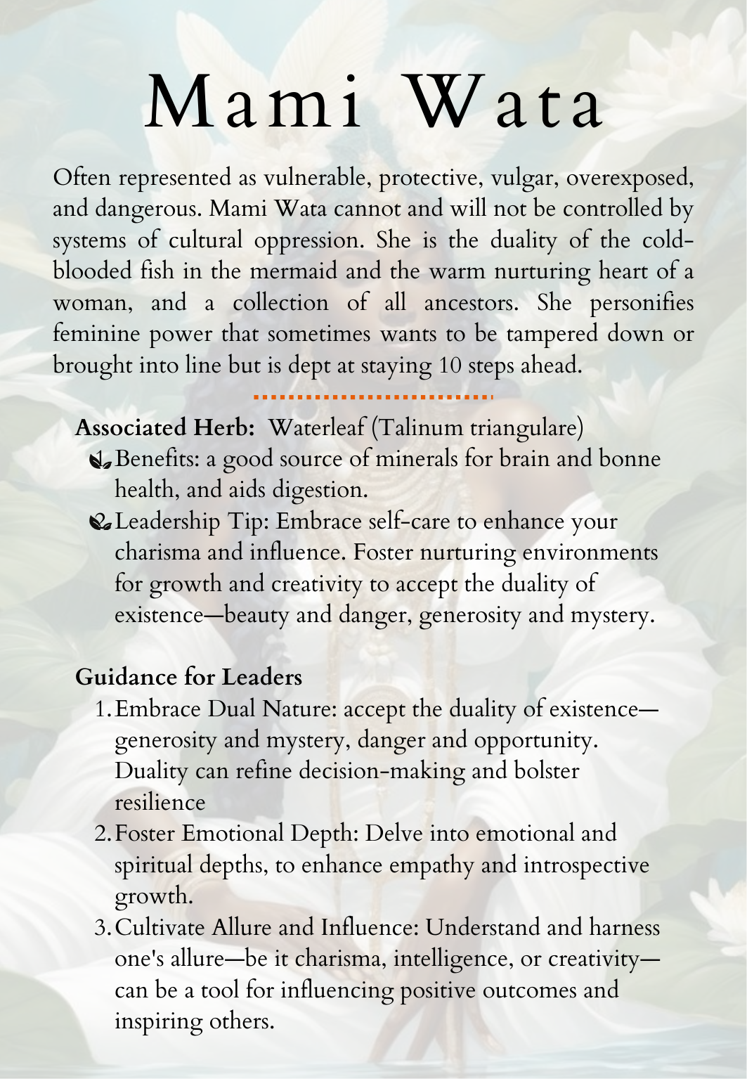 Mami Wata oracle card with guidance for leaders