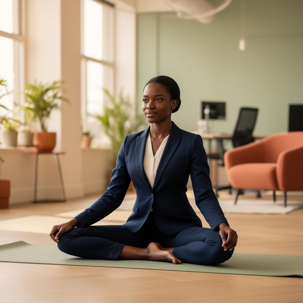 Professional woman in a suit practicing yoga in a modern office
