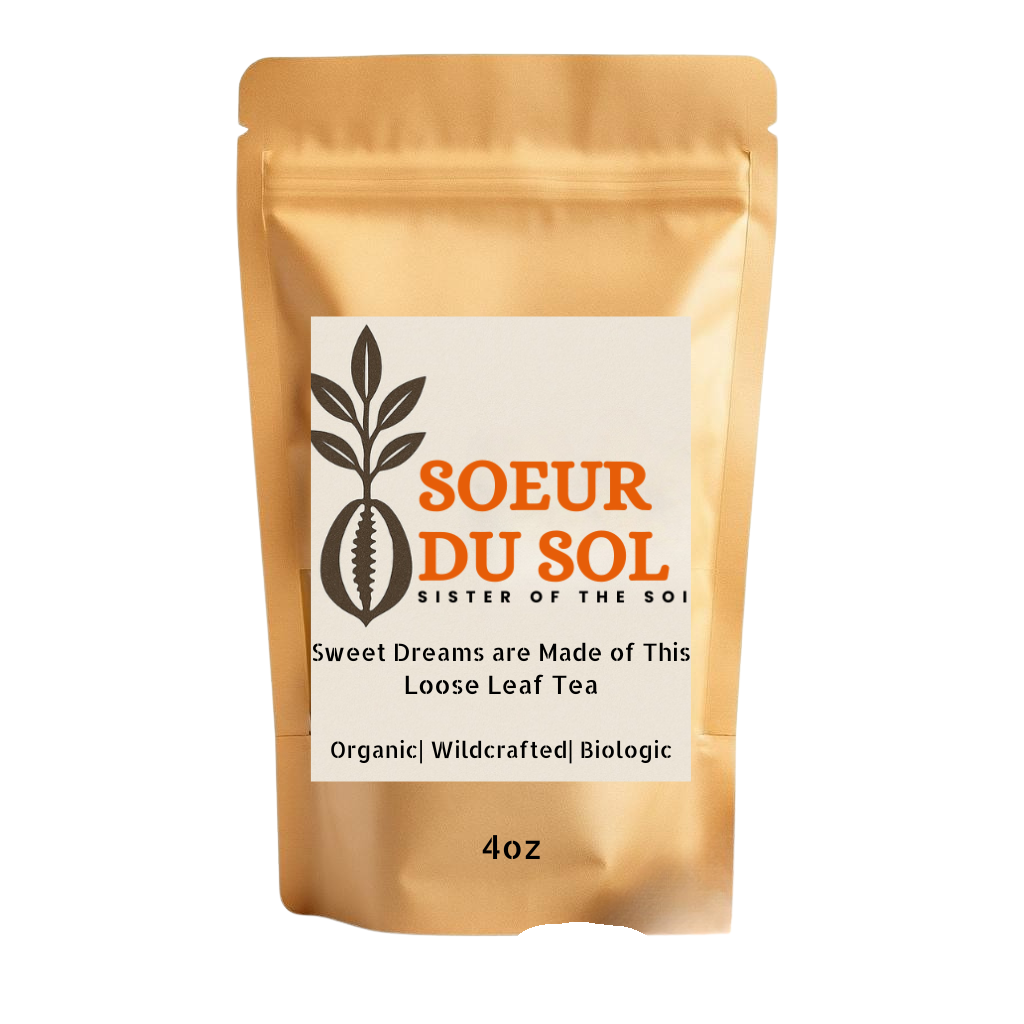 Tea in a Kraft bag with orange and green label 