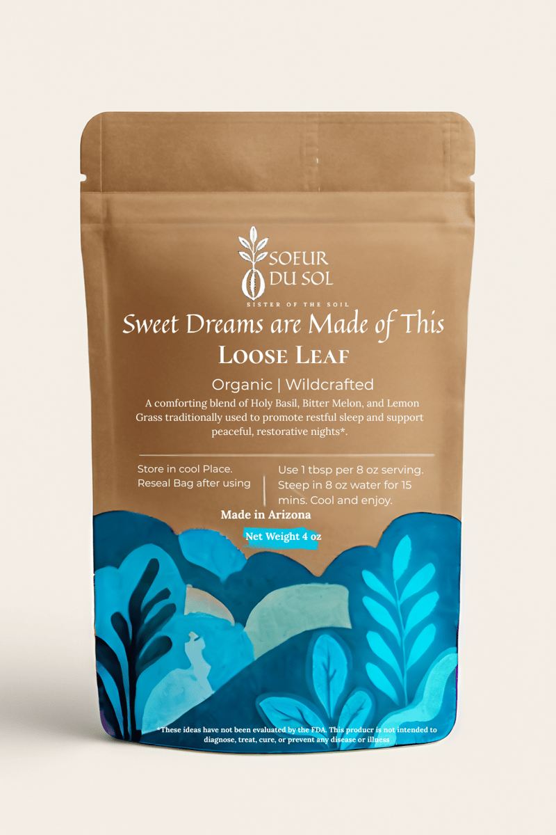 A brown bag of loose leaf tea with turquoise blue picture A brown bag of loose leaf tea with turquoise blue picture