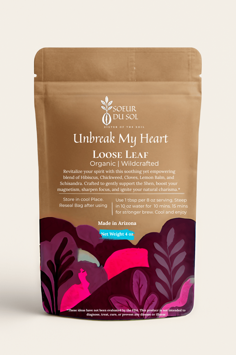 A brown bag of loose leaf tea with purple picture A brown bag of loose leaf tea with purple picture