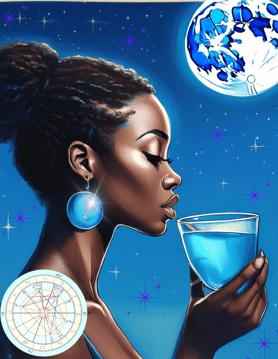 A women sipping form a cup of blue liquid with moon above her