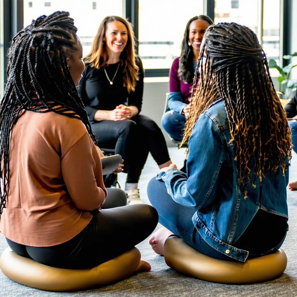 A group of diverse modern women sitting in a circle learning and sharing A group of diverse modern women sitting in a circle learning and sharing
