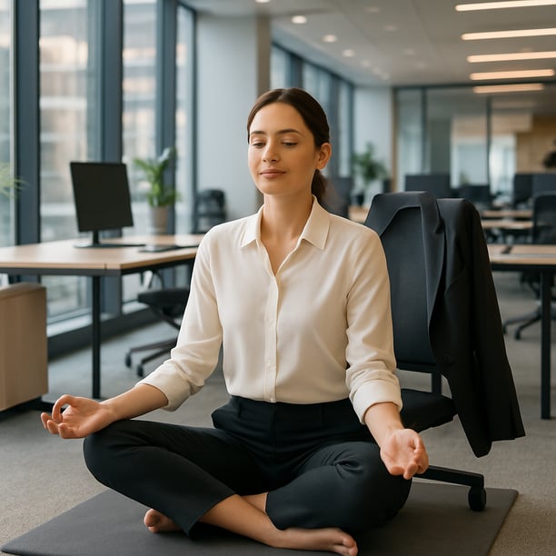 a women in corporate setting meditating 