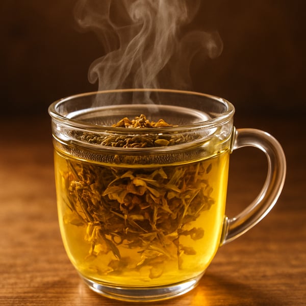 The loose leaf tea with its vibrant golden hue reminiscent of sunlit lemon is elegantly displayed in a clear glass vessel As the tea brews delicate tendrils of steam rise capturing the light and illuminating the rich colors of the leaves which unfurl-3