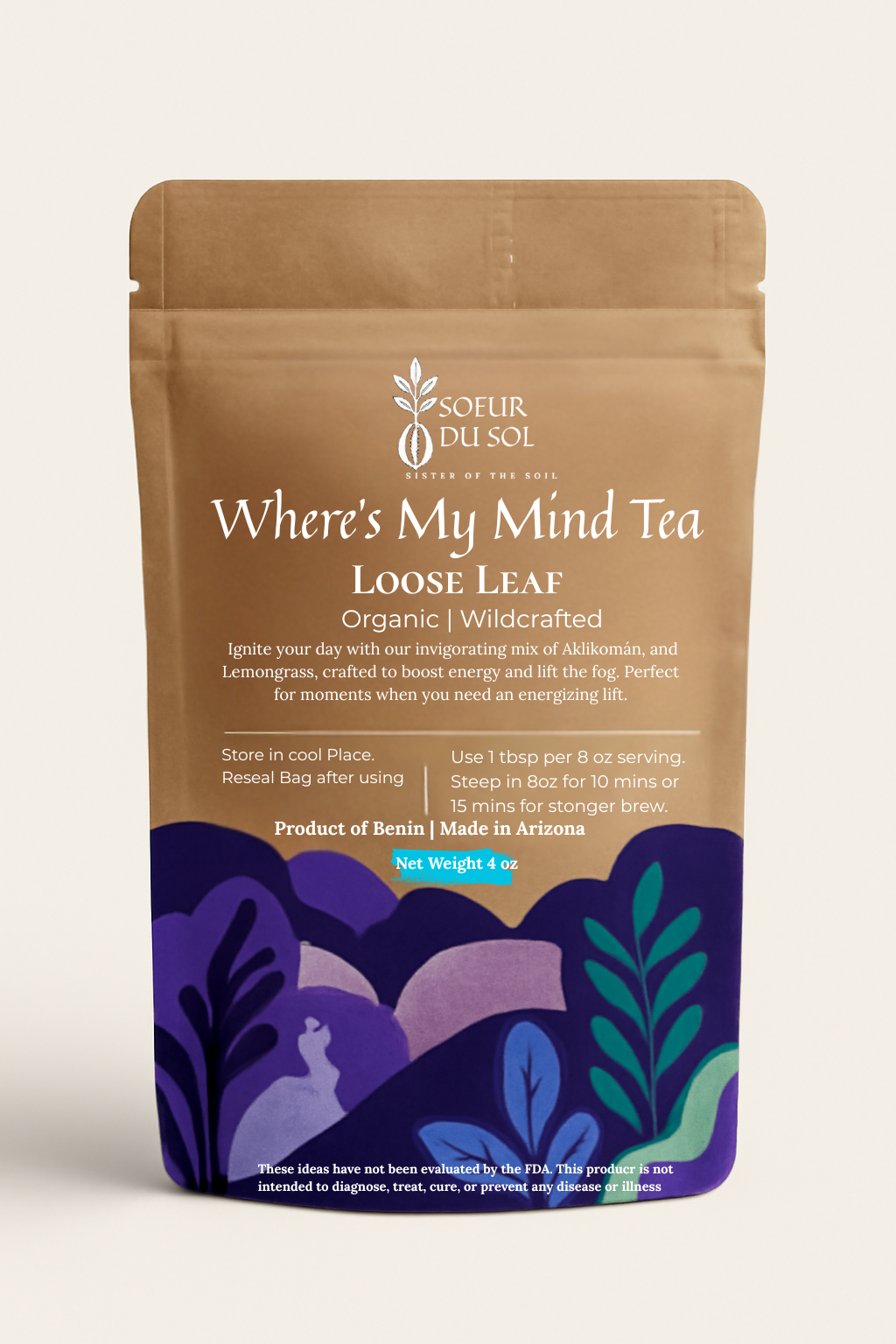 A brown bag of loose leaf tea with purple picture A brown bag of loose leaf tea with purple picture