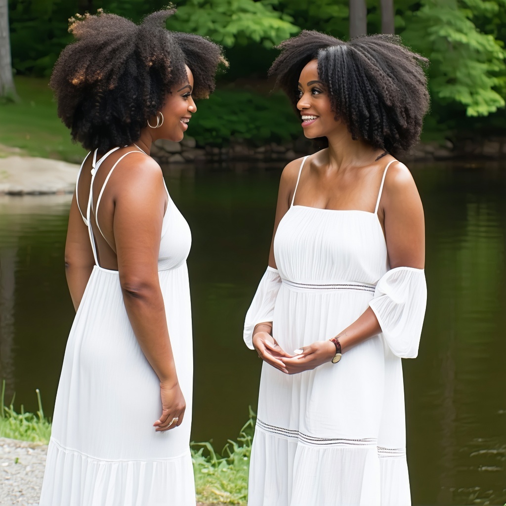 black women in white dresses with their hair showing no head dress or covering chatting with each other at the lakeside
