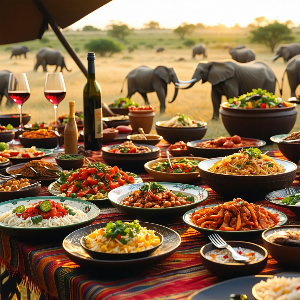 high resolution picture of a West African meal set on a safari sunset
