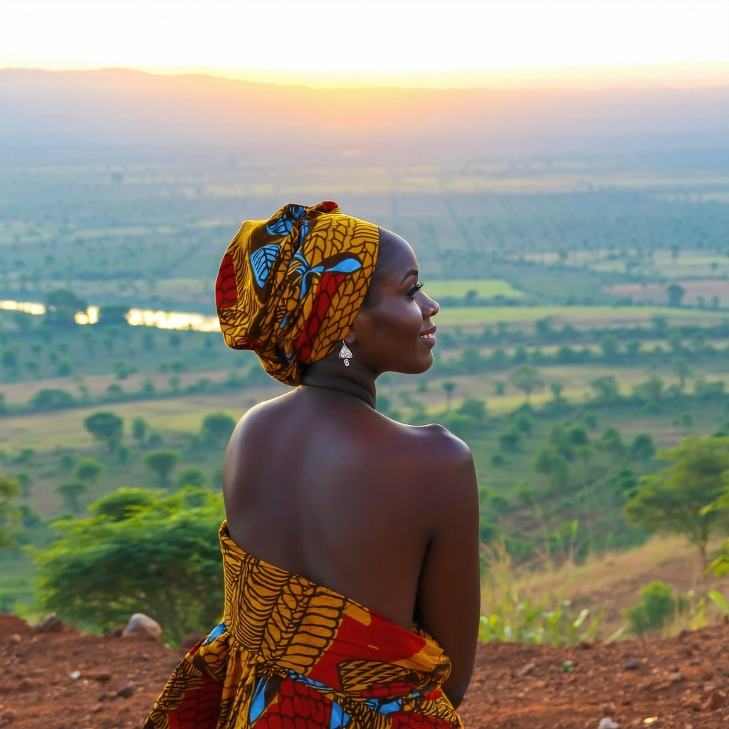 woman looking confidently at a sunrise over the West African landscape